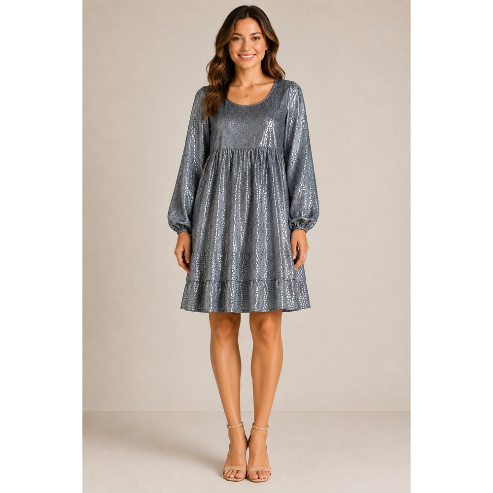 Umgee Blue Satin Leopard Jacquard Babydoll Dress L Boho Festival Y2K K5175